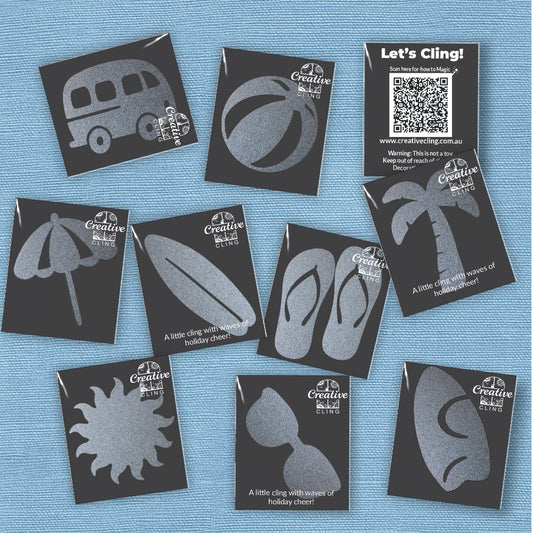 Coastal Holiday Frosted Window Clings – Reusable, Repositionable Beach Décor | Palm, Surfboard, Umbrella