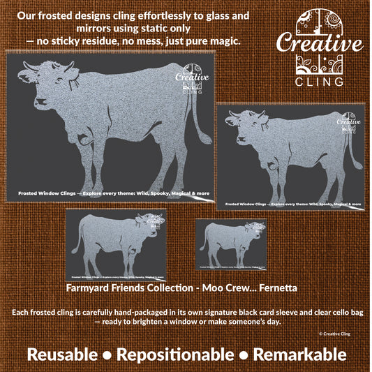 Fernetta the Cow Frosted Window Cling – Reusable & Mess-Free Farm Animal Décor | Creative Cling