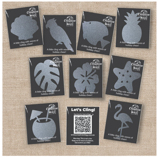 Frosted Window Clings Tropical Theme – Palm Trees, Pineapples, Flamingos | Reusable Party Favors