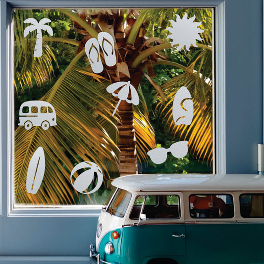 Coastal Holiday Frosted Window Clings – Reusable, Repositionable Beach Décor | Palm, Surfboard, Umbrella