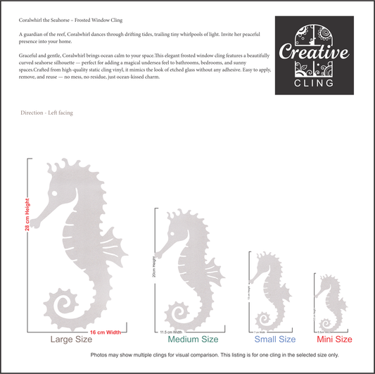 Under the Sea Collection -   Seahorse Coralwhirl - Frosted Window Cling - Left or Right Facing