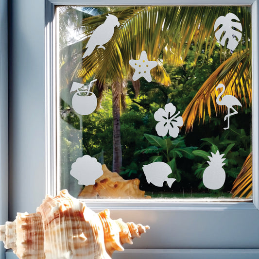Frosted Window Clings Tropical Theme – Palm Trees, Pineapples, Flamingos | Reusable Party Favors